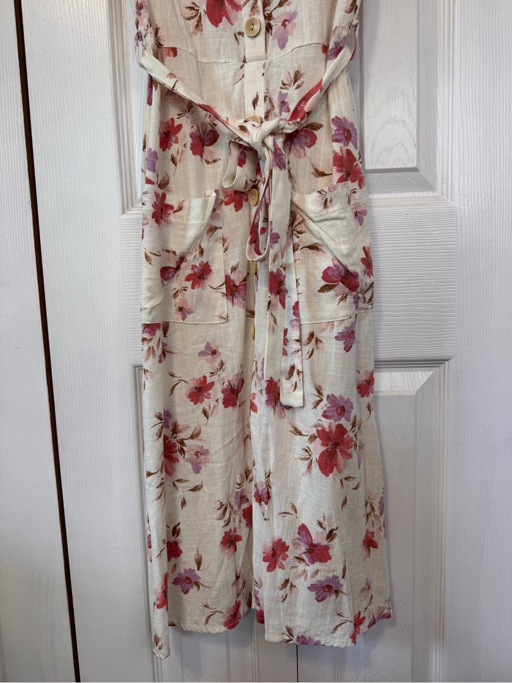 Monteau Cream Maxi Belted Dress with Pink Salmon Lavender Floral Print Size XS - Picture 4 of 13